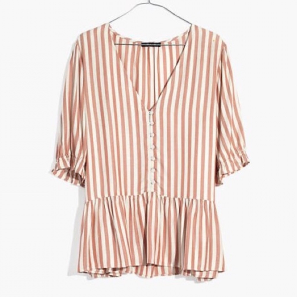 Madewell Courtyard Ruffle Hem Top Stripe Small - Picture 3 of 8